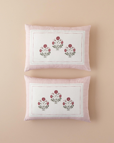 Floral Grid Çift Taraflı Pamuklu 2li Yastık Kılıfı Gül Kurusu