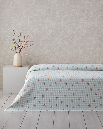 Floral Plaid Baskılı Pamuklu King Size Pike 240x220 cm Yeşil