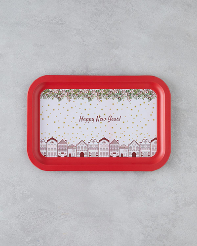 Happy New Year Metal Tepsi 35x23 cm Kırmızı