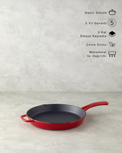 Hecha Demir Döküm Yuvarlak Tava 28 cm Kırmızı