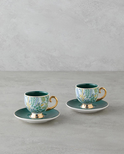 Leafora New Bone China 4 Parça 2 Kişilik Kahve Fincan Takımı 100 ml Yeşil-Mavi