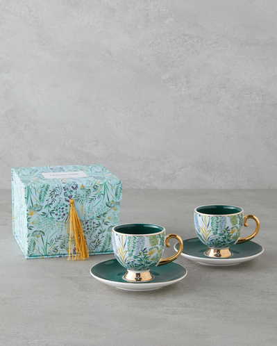 Leafora New Bone China 4 Parça 2 Kişilik Kahve Fincan Takımı 100 ml Yeşil-Mavi