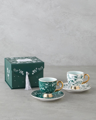 Leafscape New Bone China 4 Parça 2 Kişilik Kahve Fincan Takımı 100 ml Beyaz - Yeşil