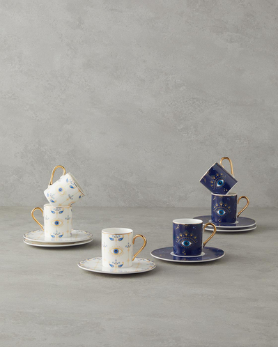 Opto New Bone China 12 Parça 6 Kişilik Kahve Fincan Takımı 100 ml Koyu Mavi-Beyaz