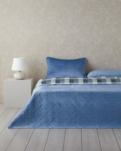 Ornate Check Çift Taraflı Kadife Tek Kişilik Yatak Örtüsü Takımı Koyu Mavi
