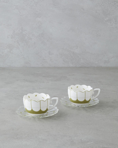Purepetal New Bone China 4 Parça 2 Kişilik Cam Tabaklı Kahve Fincan Takımı 80 ml Yeşil