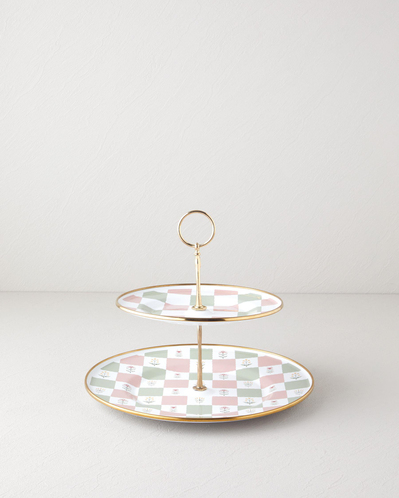 Retro Pure Emaye Katlı Servis 21x29 cm Pembe - Yeşil