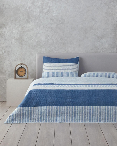 Sleek Stripes Çift Kişilik Yatak Örtüsü Takımı Mavi