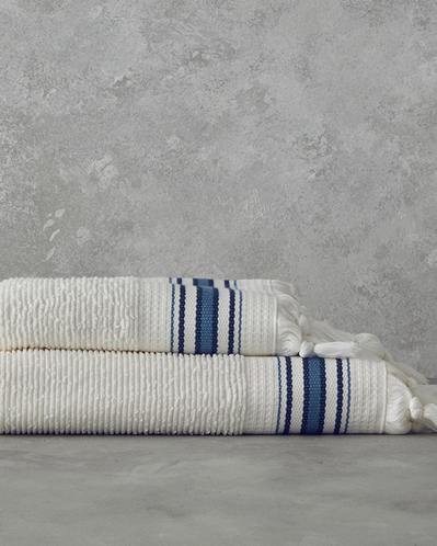 Cool Stripe Pamuklu Çizgili Banyo Havlusu Takımı Ekru - Mavi