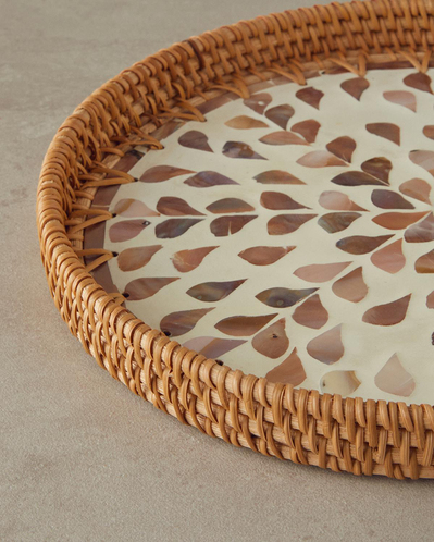 Louice Sedefli Rattan Tepsi 30 cm Kahverengi