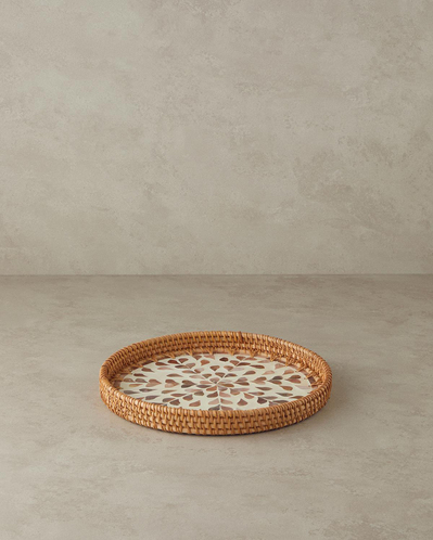 Louice Sedefli Rattan Tepsi 30 cm Kahverengi