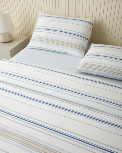Stria Kolay Ütülenir Çift Kişilik Çarşaflı Nevresim Takımı 200x220 cm Mavi - Bej