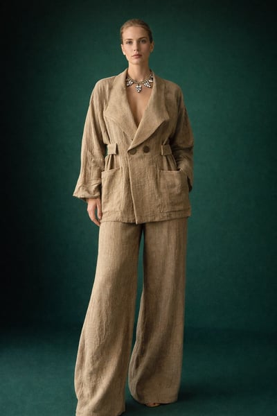 Bej Keten Oversize Takım