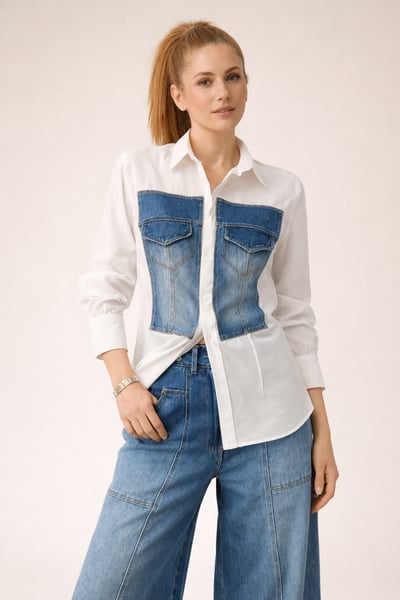 Modern Denim Detaylı Beyaz Gömlek