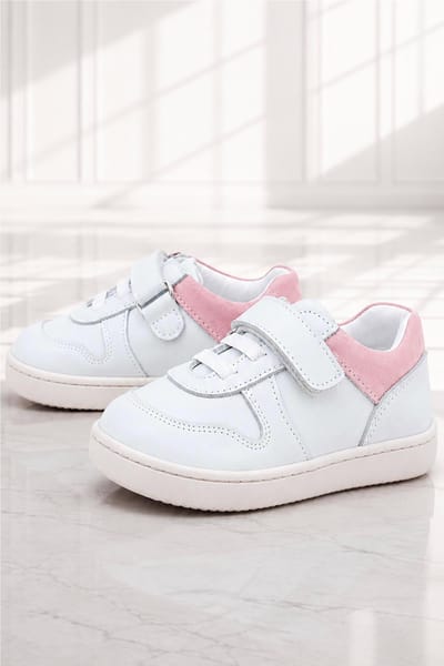 Rakerplus Bob Hakiki Deri Beyaz Nubuk Pembe Cırtlı Bebek Sneaker Ayakkabı
