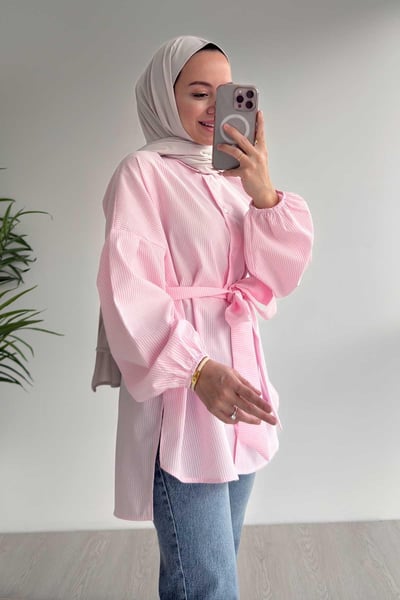 Balon Kol Çizgili Gömlek - Pembe