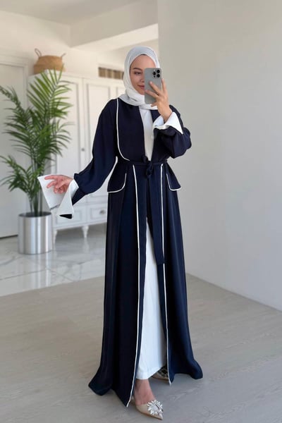 Biye Detay Bağlamalı Abaya - Lacivert