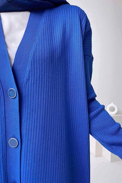 Button Fitilli Merserize Hırka - Saks Mavi