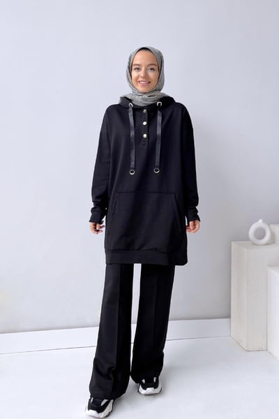 Çıtçıt Detay Bol Paça Takım - Siyah