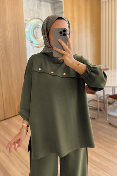 Gold Düğme Detay Modal Takım - Haki