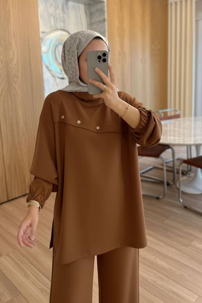 Gold Düğme Detay Modal Takım - Kahverengi