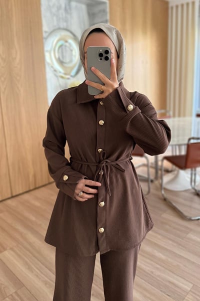 Gold Düğme Detaylı Fitilli Takım - Kahverengi
