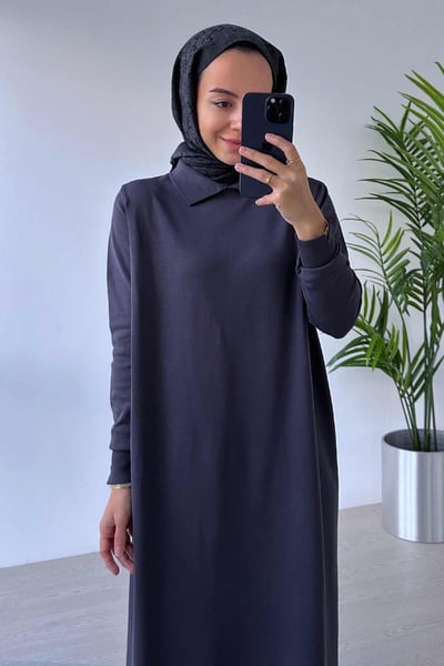 Gömlek Yaka Merserize Elbise - Füme