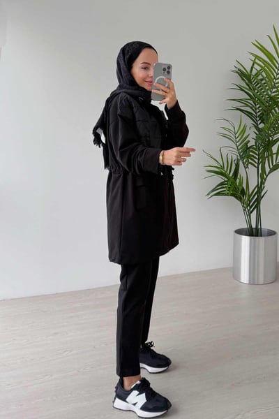 İp Bağlama Çift Cep Kapaklı İki İplik Takım - Siyah