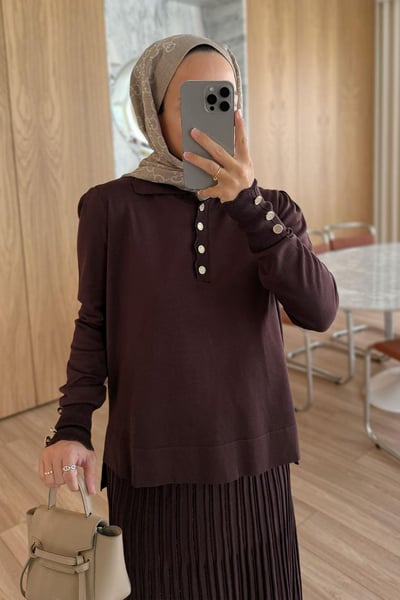 Işıltı Detay Etekli Merserize Takım - Kahverengi