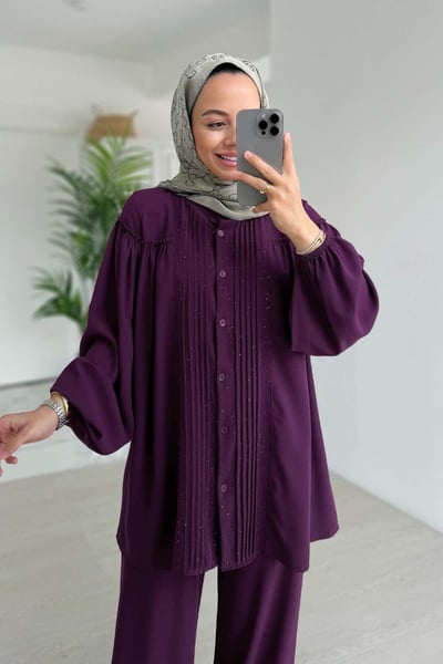 Işıltılı Pilise Detaylı Takım - Mor