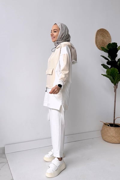 Kanguru Cep Kapüşonlu Takım - Bej