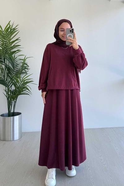 Kanguru Cep Oysh Kumaş Etekli İkili Takım - Bordo