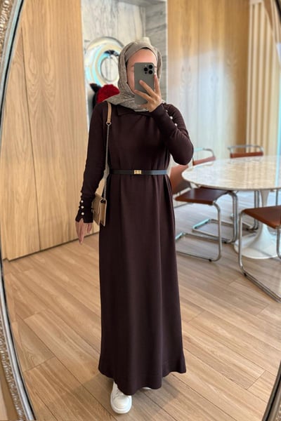 Kemerli Gömlek Yaka Merserize Elbise - Kahverengi