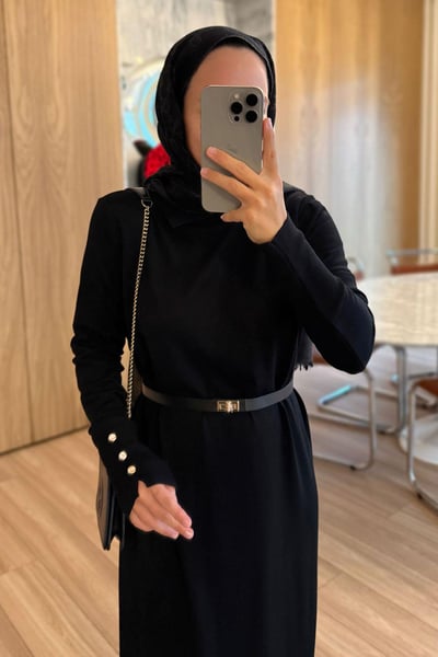Kemerli Gömlek Yaka Merserize Elbise - Siyah