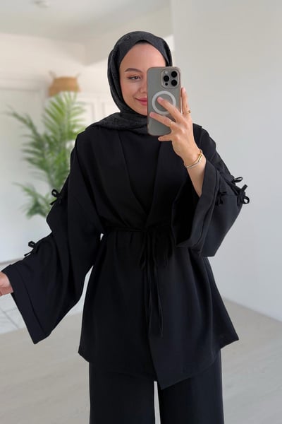 Kolları Fiyonk Detay Bağlamalı İkili Takım - Siyah