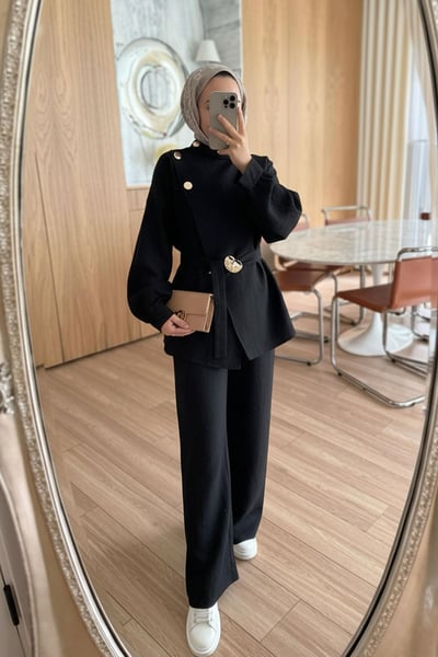 Omuz Düğmeli Trenç Takım - Siyah
