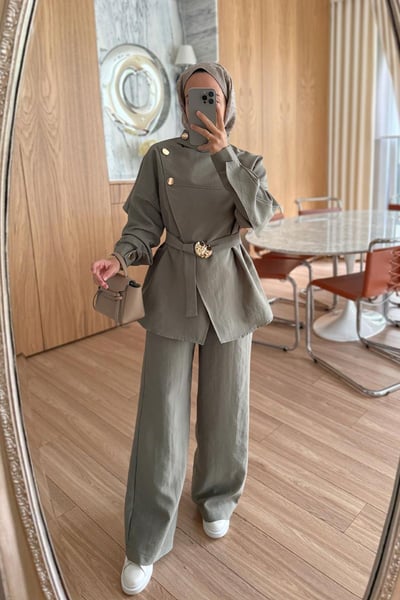 Omuz Düğmeli Trenç Takım - Yeşil