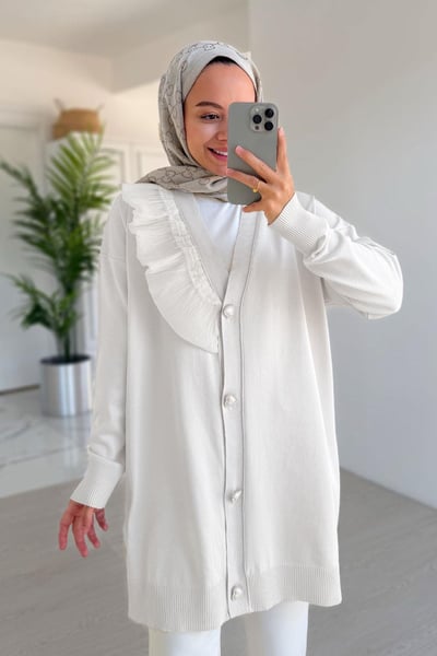 Omzu Fırfır Merserize Hırka - Beyaz