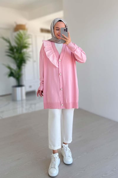 Omzu Fırfır Merserize Hırka - Pembe