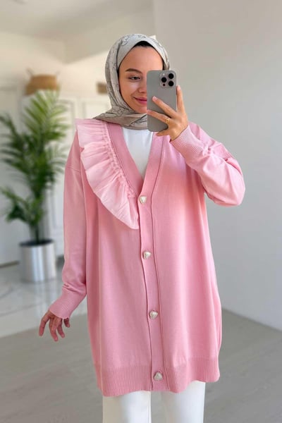 Omzu Fırfır Merserize Hırka - Pembe