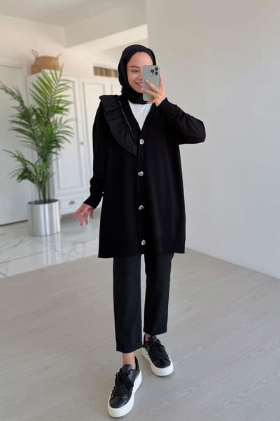 Omzu Fırfır Merserize Hırka - Siyah