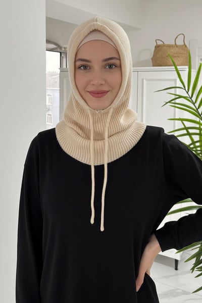 Örgü Balaklava Tesettür Bere - Bej