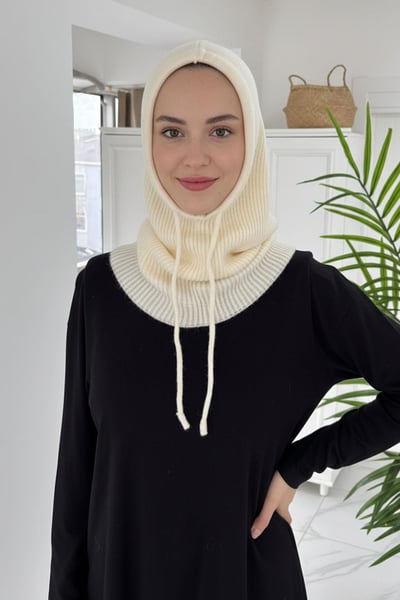 Örgü Balaklava Tesettür Bere - Ekru