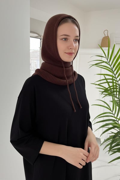 Örgü Balaklava Tesettür Bere - Kahverengi
