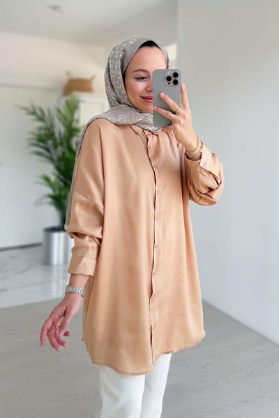 Oversize Saten Gömlek - Camel