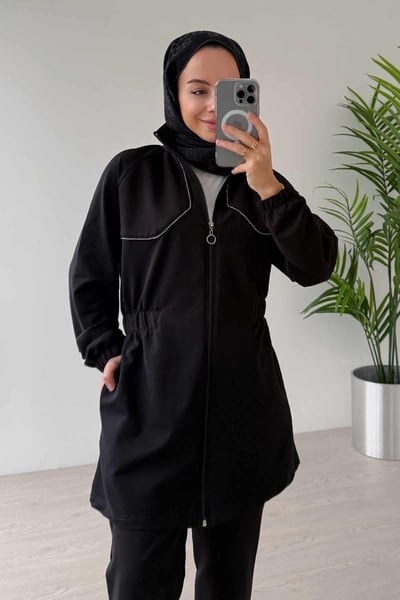 Taş Biye Beli Lastikli İki İplik Takım - Siyah