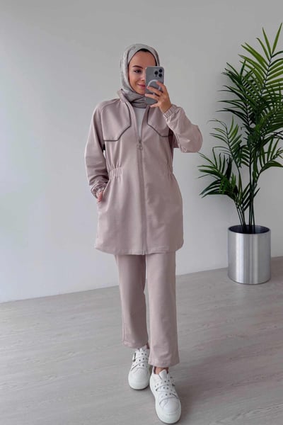 Taş Biye Beli Lastikli İki İplik Takım - Bej