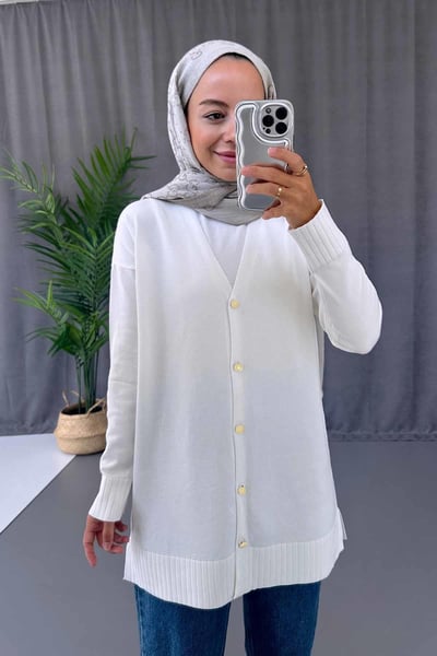 V Yaka Yandan Yırtmaçlı Merserize Hırka - Beyaz