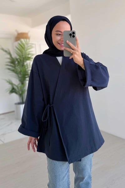 Yandan Bağlamalı Gabardin Kimono - Lacivert