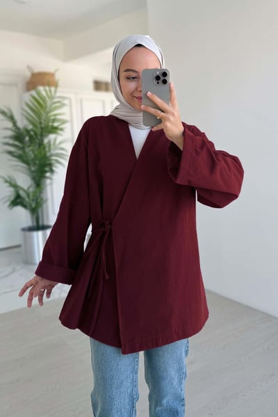 Yandan Bağlamalı Keten Kimono - Bordo
